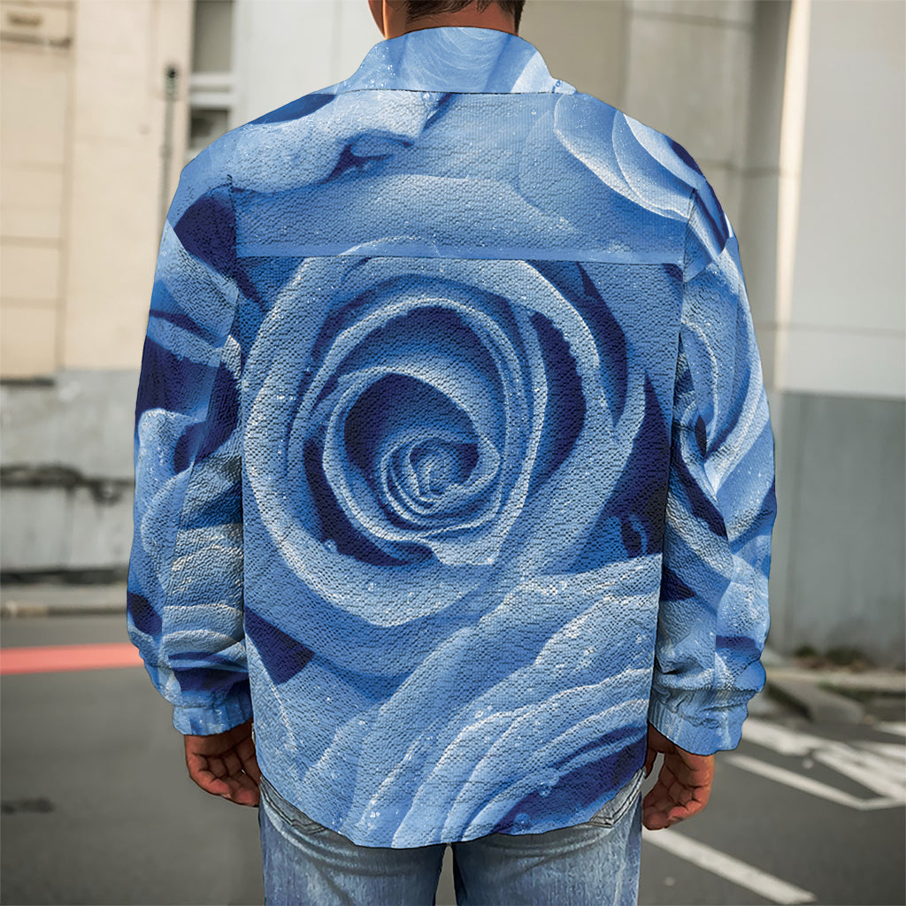 Bright Blue Rose Print Men's Shirt Jacket