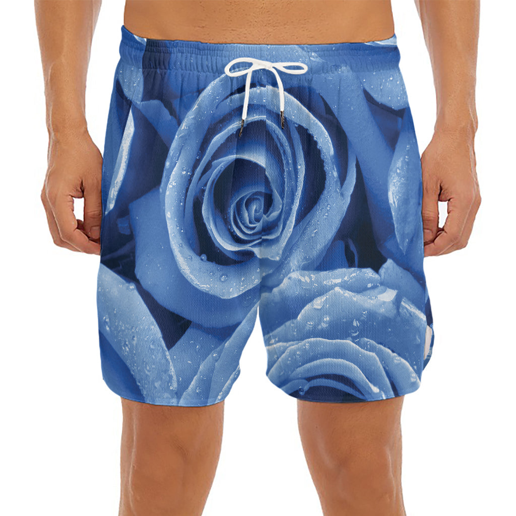 Bright Blue Rose Print Men's Split Running Shorts