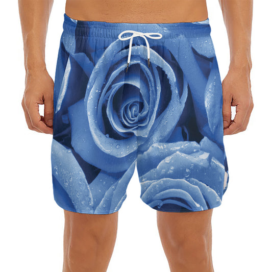 Bright Blue Rose Print Men's Split Running Shorts