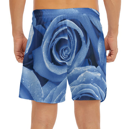 Bright Blue Rose Print Men's Split Running Shorts