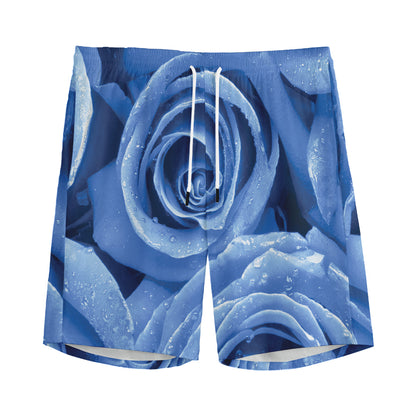 Bright Blue Rose Print Men's Sports Shorts