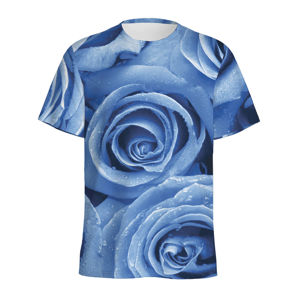 Bright Blue Rose Print Men's Sports T-Shirt