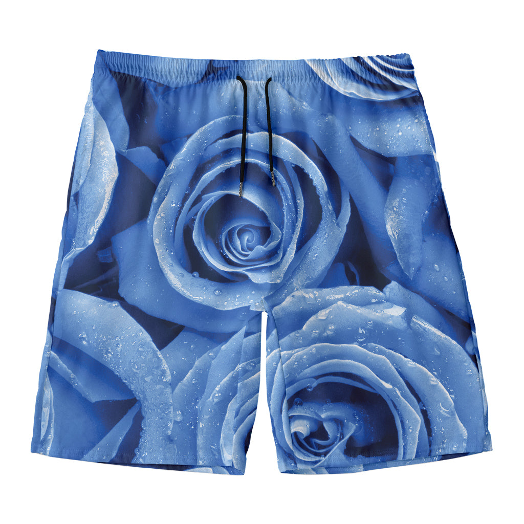 Bright Blue Rose Print Men's Swim Trunks