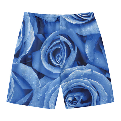 Bright Blue Rose Print Men's Swim Trunks