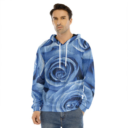 Bright Blue Rose Print Men's Velvet Pullover Hoodie