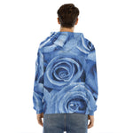 Bright Blue Rose Print Men's Velvet Pullover Hoodie