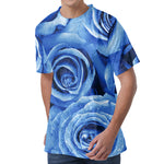 Bright Blue Rose Print Men's Velvet T-Shirt