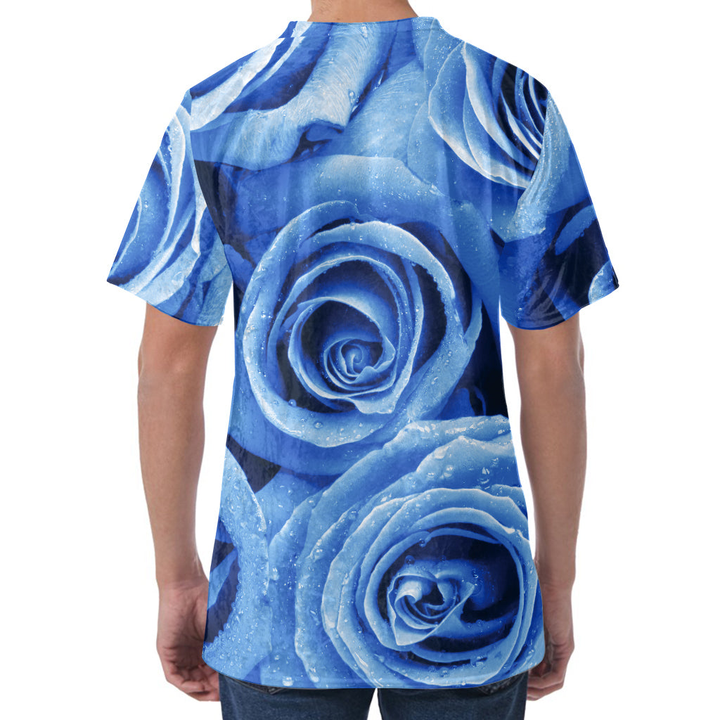 Bright Blue Rose Print Men's Velvet T-Shirt