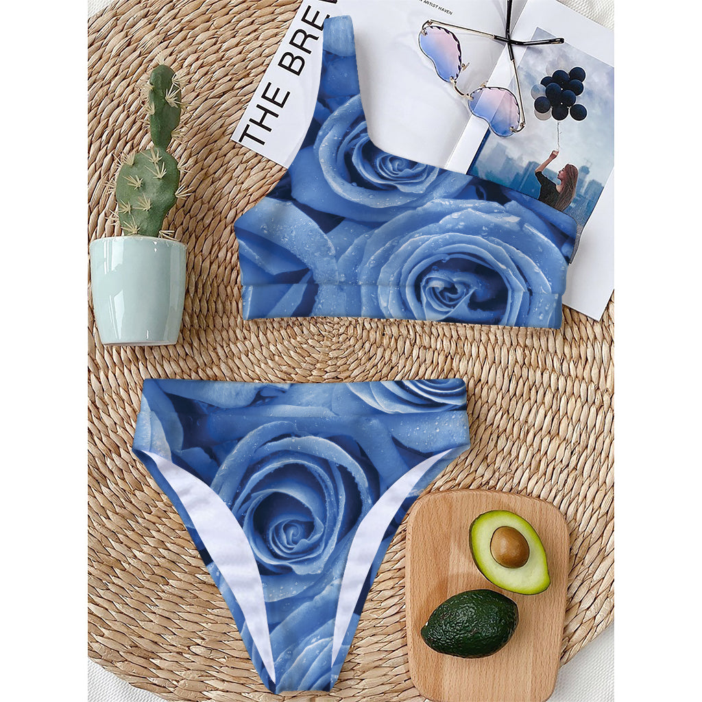 Bright Blue Rose Print One Shoulder Bikini Top