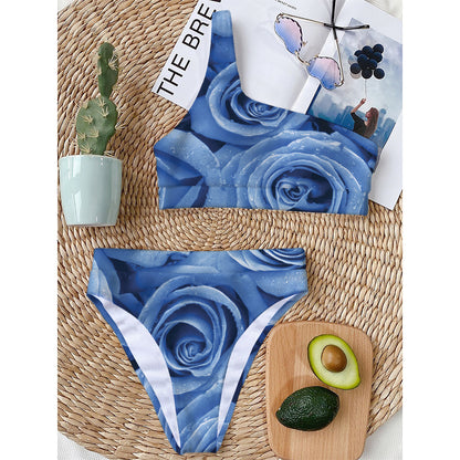 Bright Blue Rose Print One Shoulder Bikini Top
