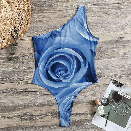 Bright Blue Rose Print One Shoulder Bodysuit