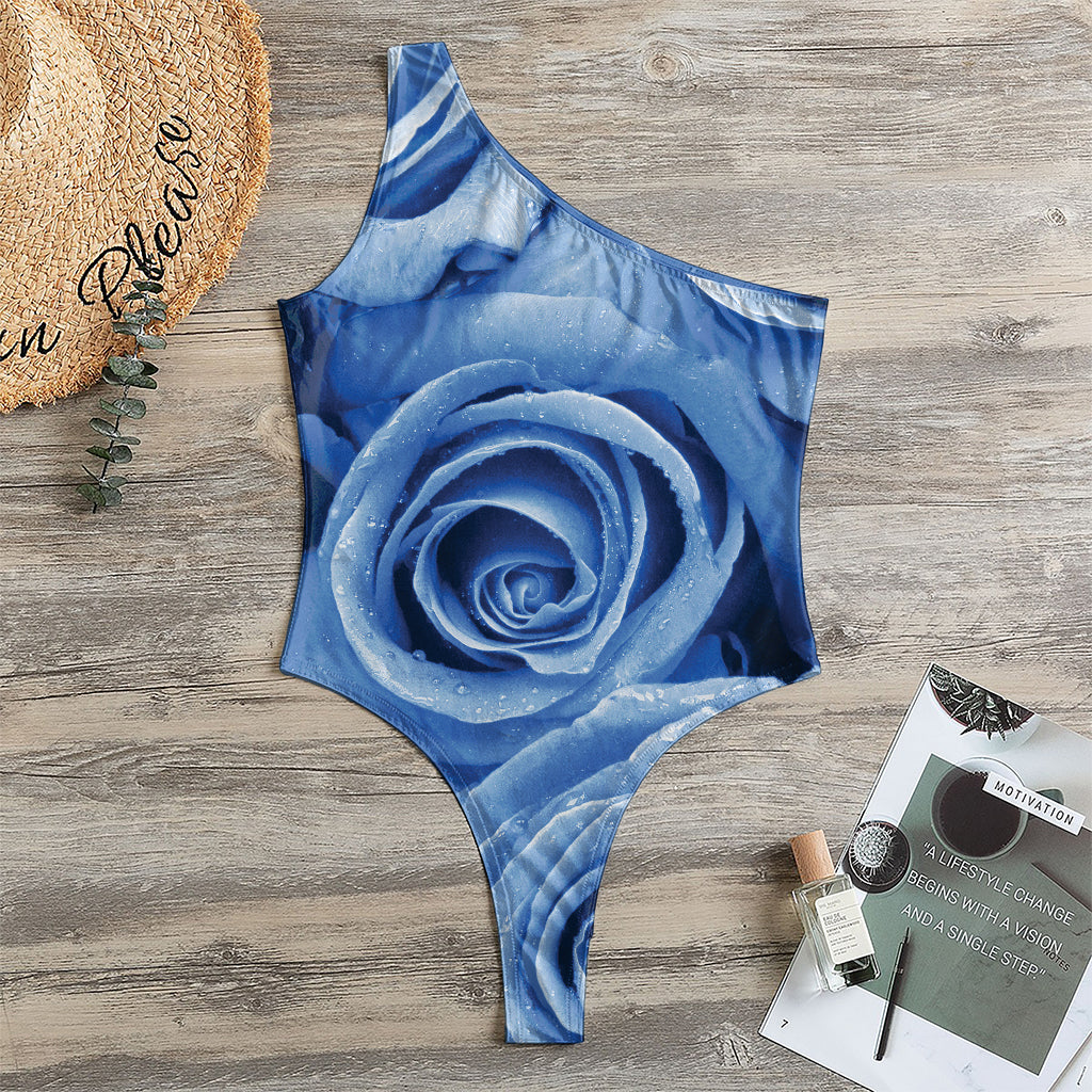 Bright Blue Rose Print One Shoulder Bodysuit