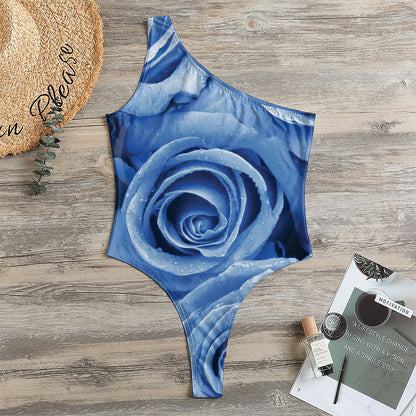 Bright Blue Rose Print One Shoulder Bodysuit