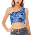 Bright Blue Rose Print One Shoulder Crop Top