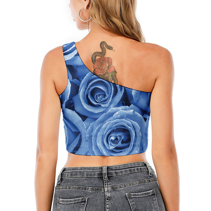 Bright Blue Rose Print One Shoulder Crop Top