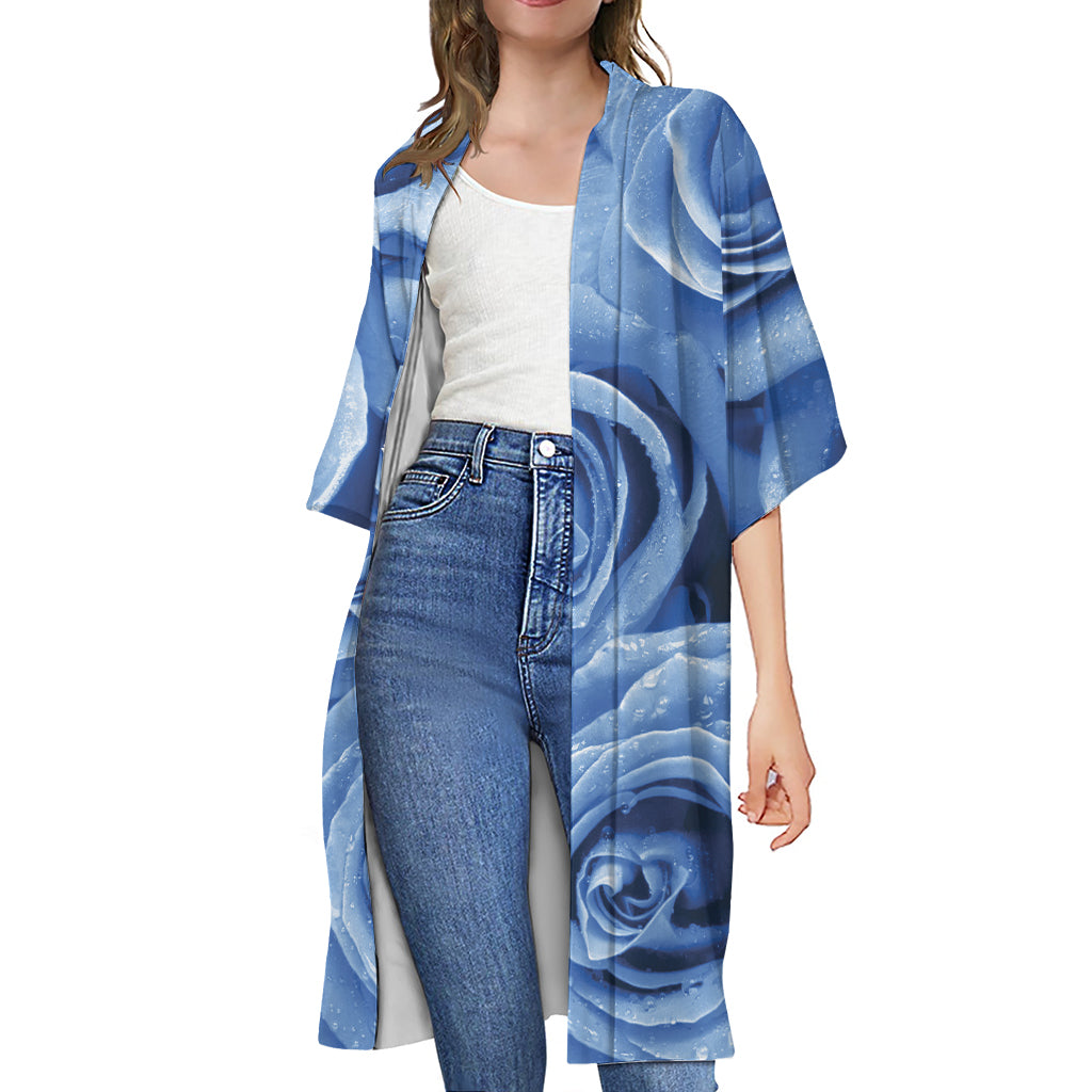 Bright Blue Rose Print Open Front Beach Cover Up