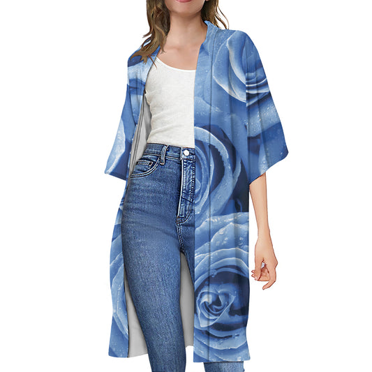 Bright Blue Rose Print Open Front Beach Cover Up