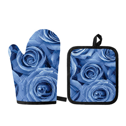 Bright Blue Rose Print Oven Mitt And Pot Holder Set
