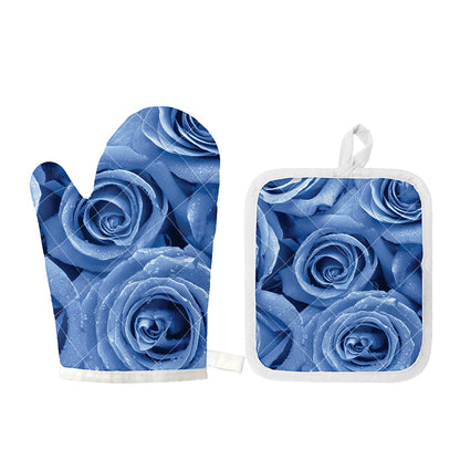Bright Blue Rose Print Oven Mitt And Pot Holder Set