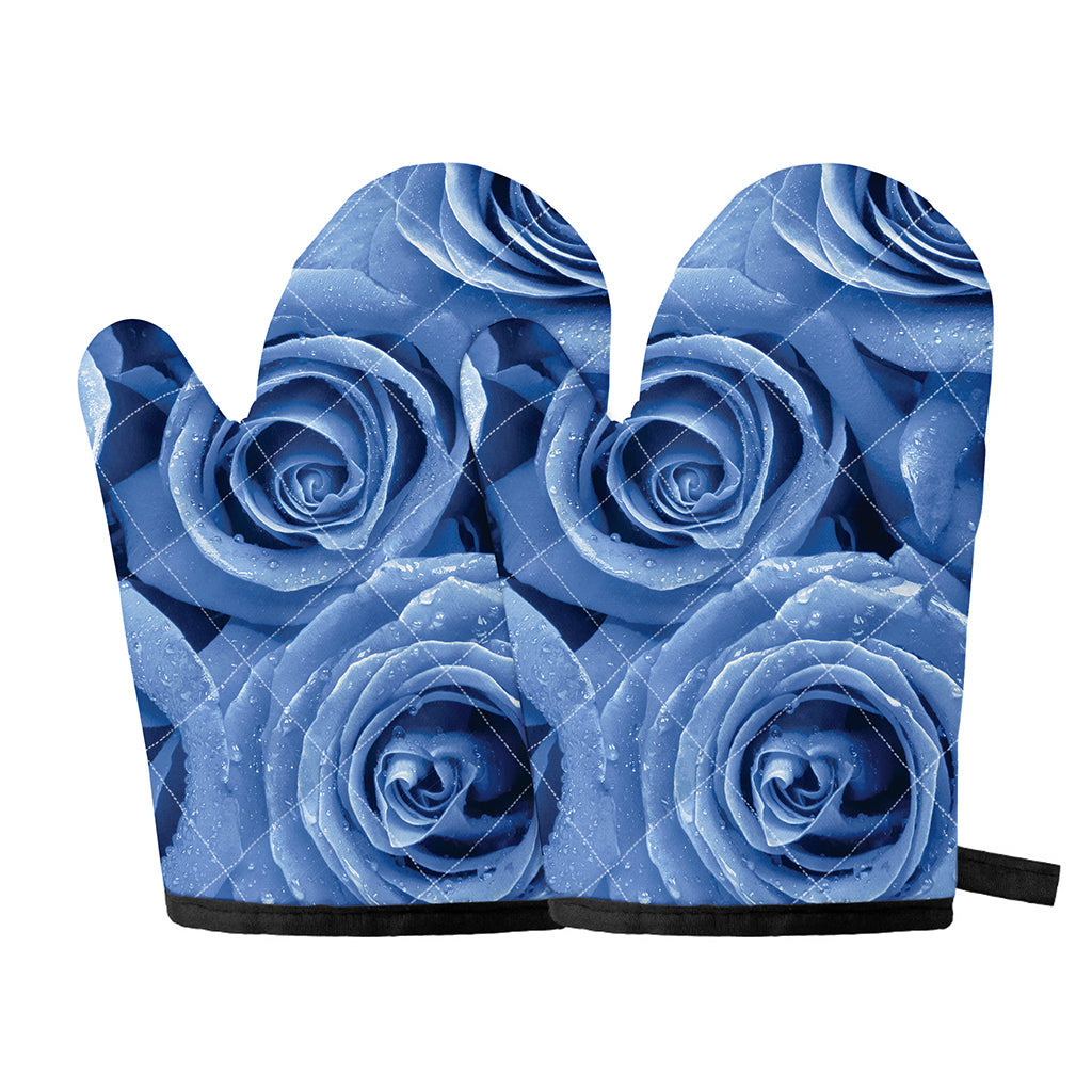 Bright Blue Rose Print Oven Mitts