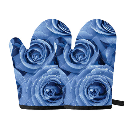 Bright Blue Rose Print Oven Mitts