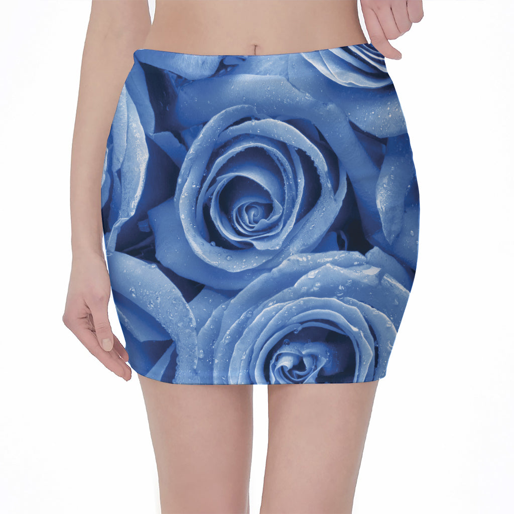 Bright Blue Rose Print Pencil Mini Skirt