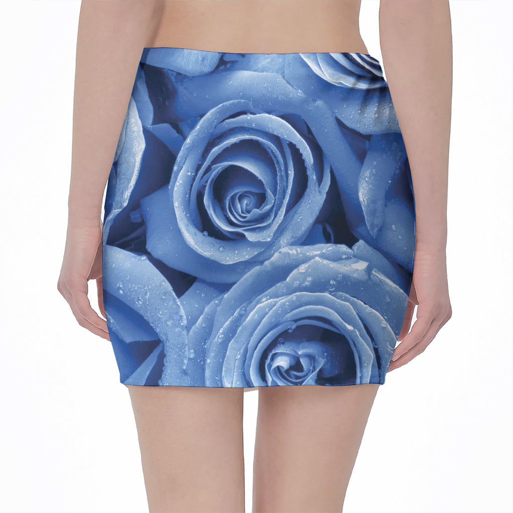 Bright Blue Rose Print Pencil Mini Skirt