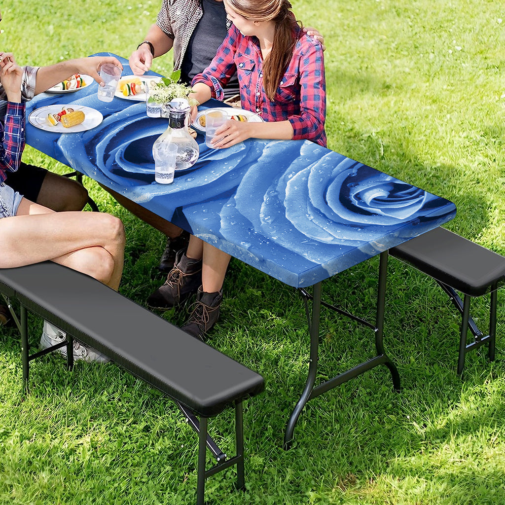 Bright Blue Rose Print Picnic Table Cover