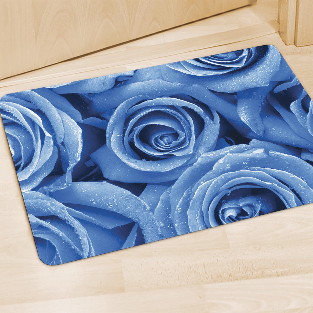 Bright Blue Rose Print Polyester Doormat