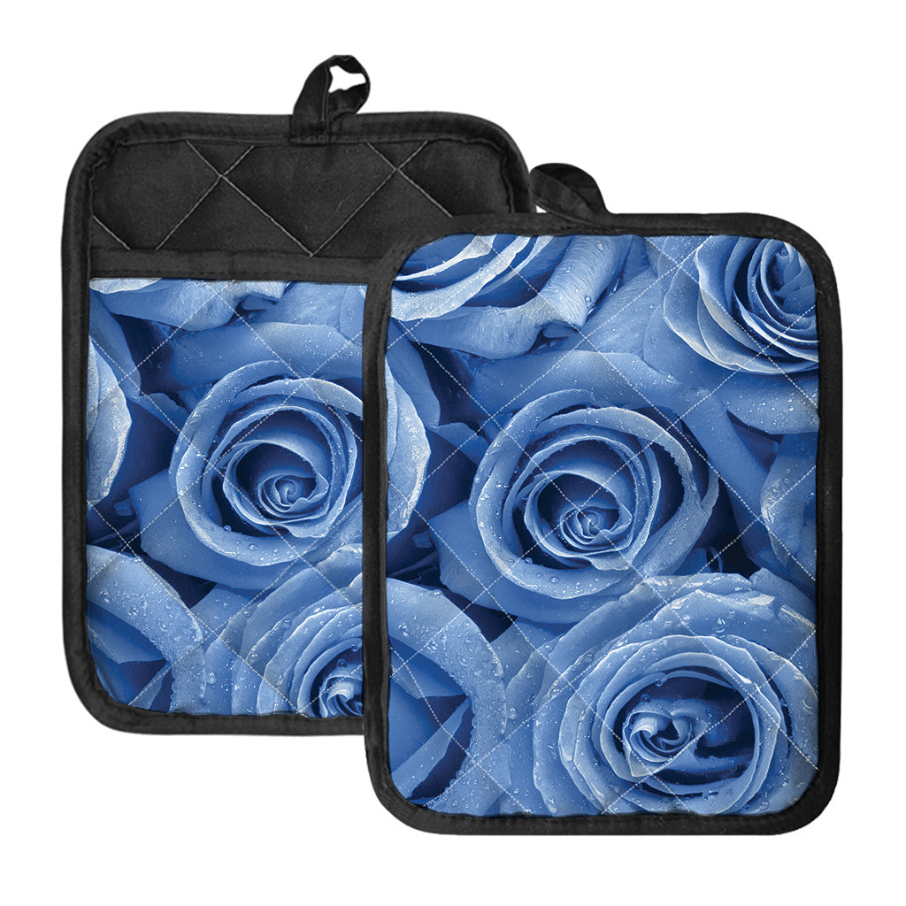 Bright Blue Rose Print Pot Holders With Pocket