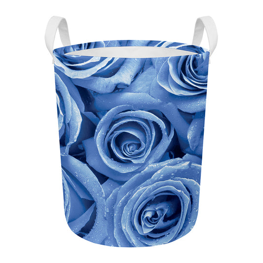 Bright Blue Rose Print Round Laundry Basket