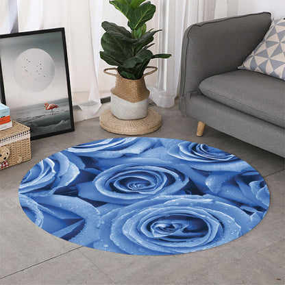 Bright Blue Rose Print Round Rug