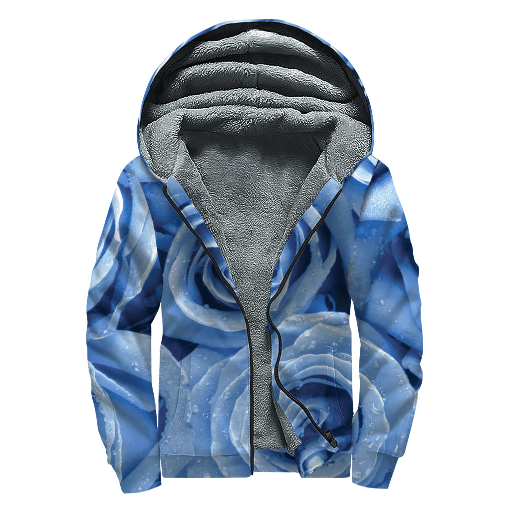 Bright Blue Rose Print Sherpa Lined Zip Up Hoodie