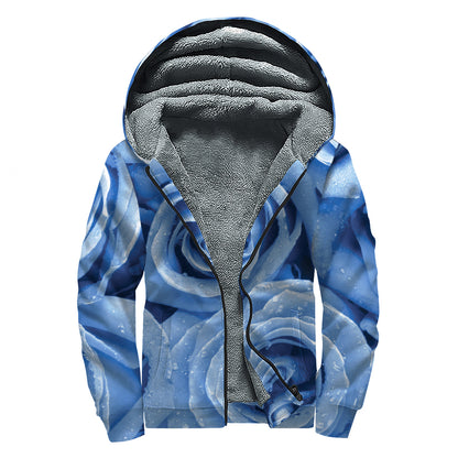 Bright Blue Rose Print Sherpa Lined Zip Up Hoodie