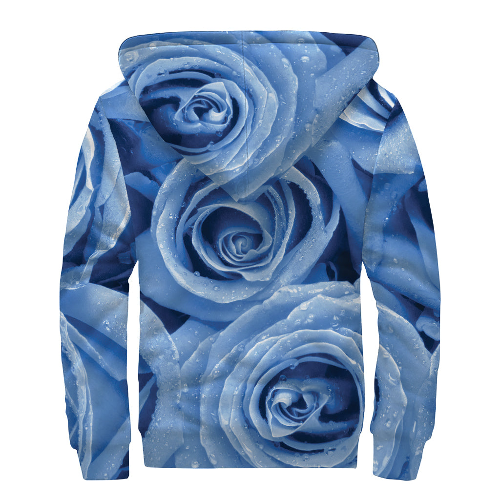 Bright Blue Rose Print Sherpa Lined Zip Up Hoodie