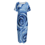 Bright Blue Rose Print Short Sleeve Long Nightdress