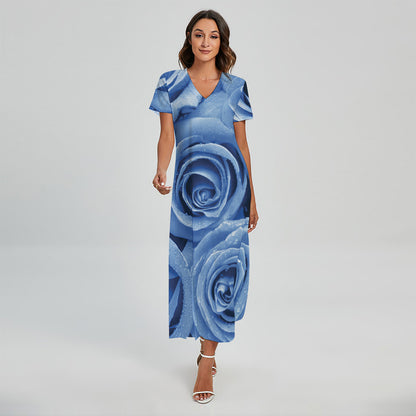 Bright Blue Rose Print Short Sleeve Maxi Dress