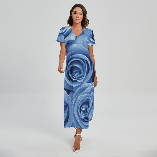 Bright Blue Rose Print Short Sleeve Maxi Dress