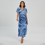 Bright Blue Rose Print Short Sleeve Maxi Dress