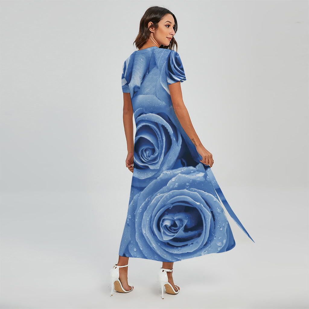 Bright Blue Rose Print Short Sleeve Maxi Dress