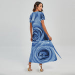 Bright Blue Rose Print Short Sleeve Maxi Dress