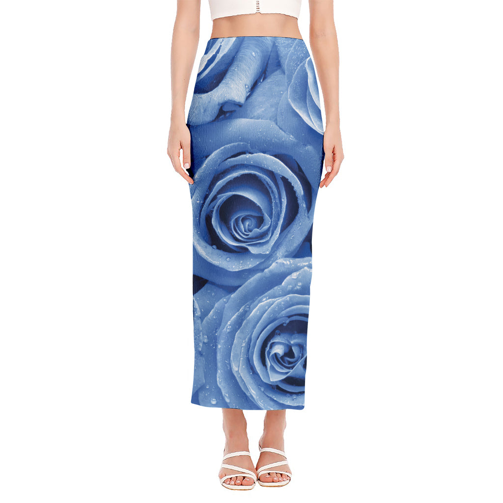 Bright Blue Rose Print Side Slit Maxi Skirt