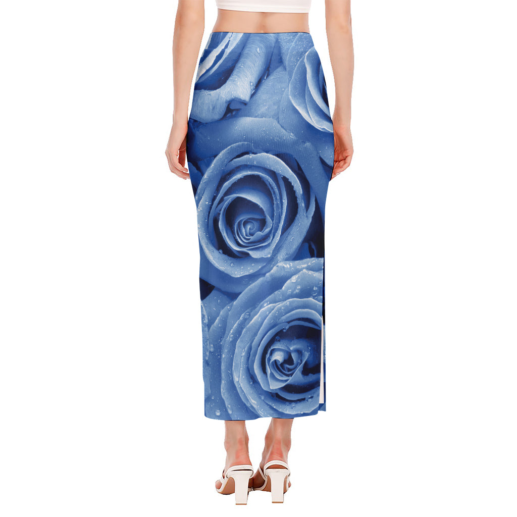 Bright Blue Rose Print Side Slit Maxi Skirt