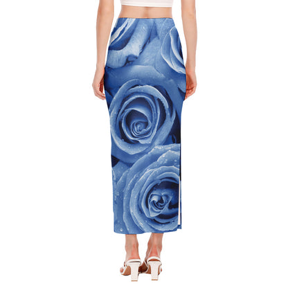 Bright Blue Rose Print Side Slit Maxi Skirt