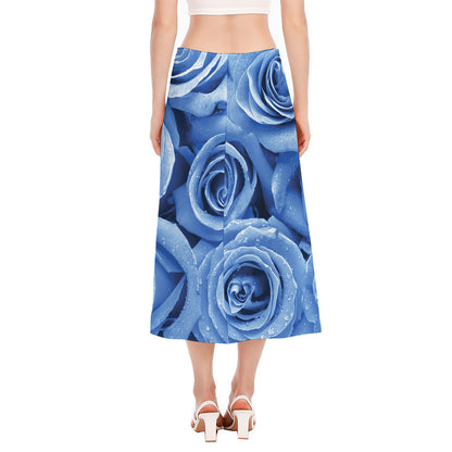 Bright Blue Rose Print Side Slit Midi Skirt