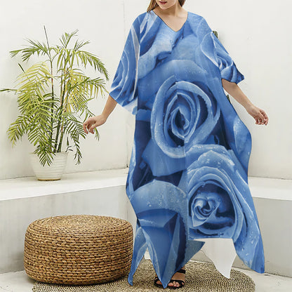 Bright Blue Rose Print Silk V-Neck Kaftan Dress