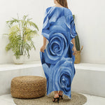 Bright Blue Rose Print Silk V-Neck Kaftan Dress