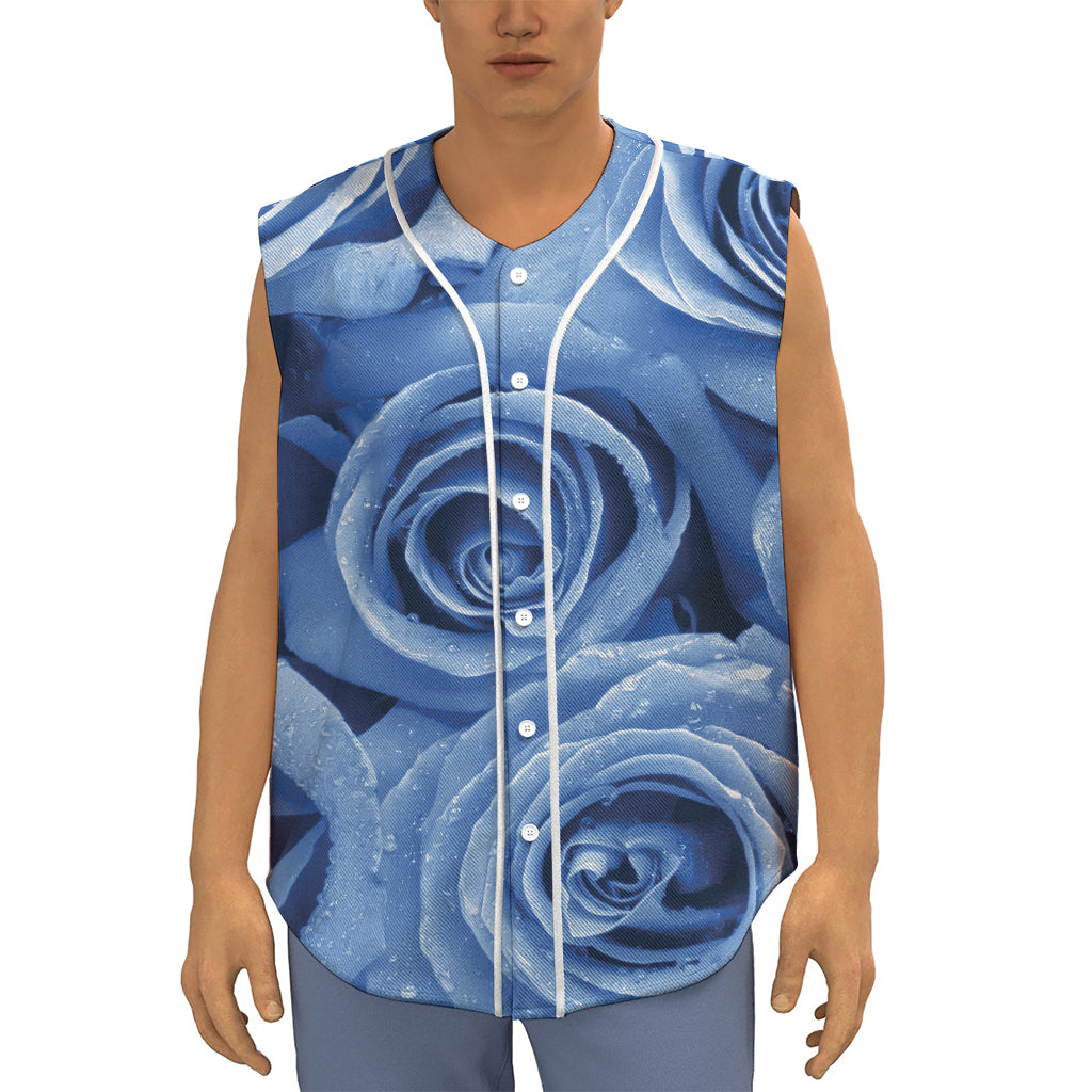 Bright Blue Rose Print Sleeveless Baseball Jersey
