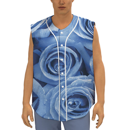 Bright Blue Rose Print Sleeveless Baseball Jersey
