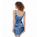 Bright Blue Rose Print Sleeveless Bodycon Dress
